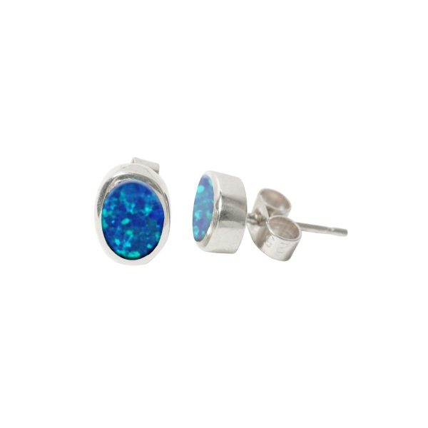 Silver Oplaite Cobalt Blue Oval Stud Earrings