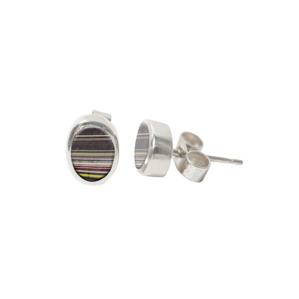 Silver Fordite Oval Stud Earrings