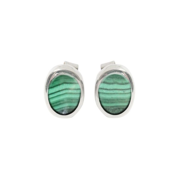 Silver Malachite Oval Stud Earrings