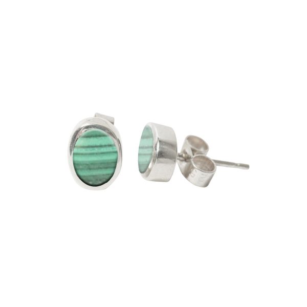 Silver Malachite Oval Stud Earrings