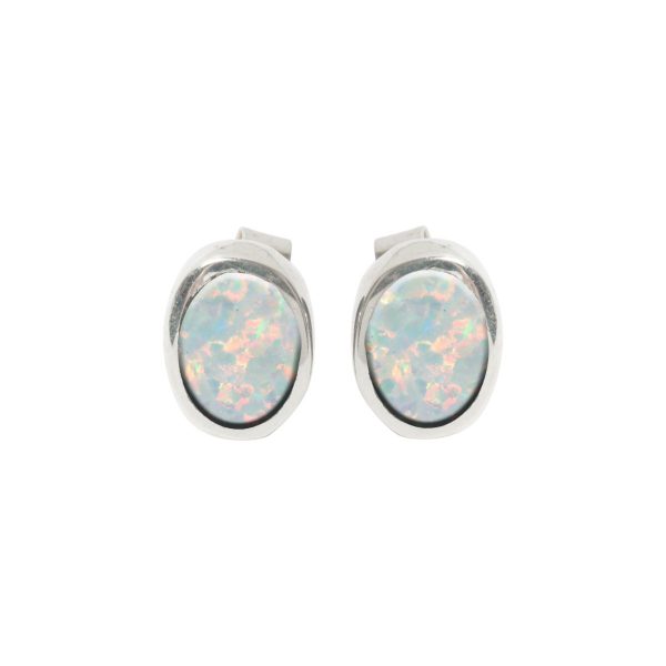 Silver Opalite Sun Ice Oval Stud Earrings