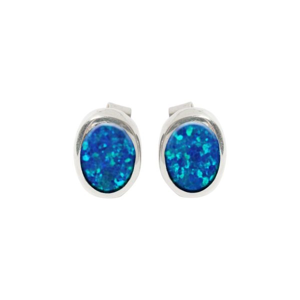 White Gold Opalite Cobalt Blue Oval Stud Earrings