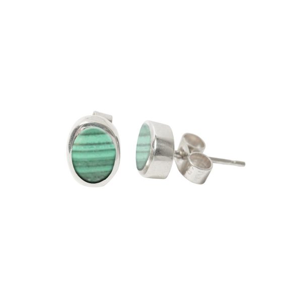 White Gold Malachite Oval Stud Earrings