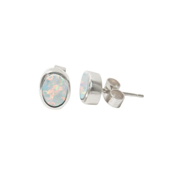 White Gold Opalite Sun Ice Oval Stud Earrings