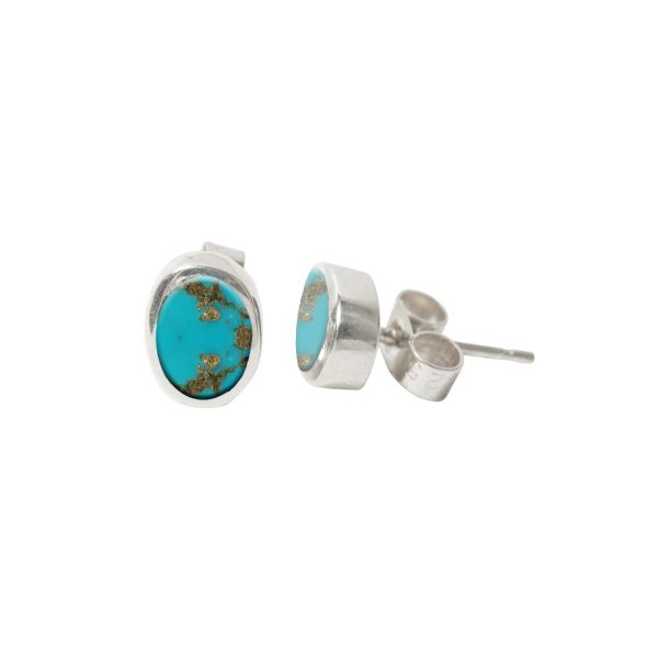 White Gold Turquoise Oval Stud Earrings