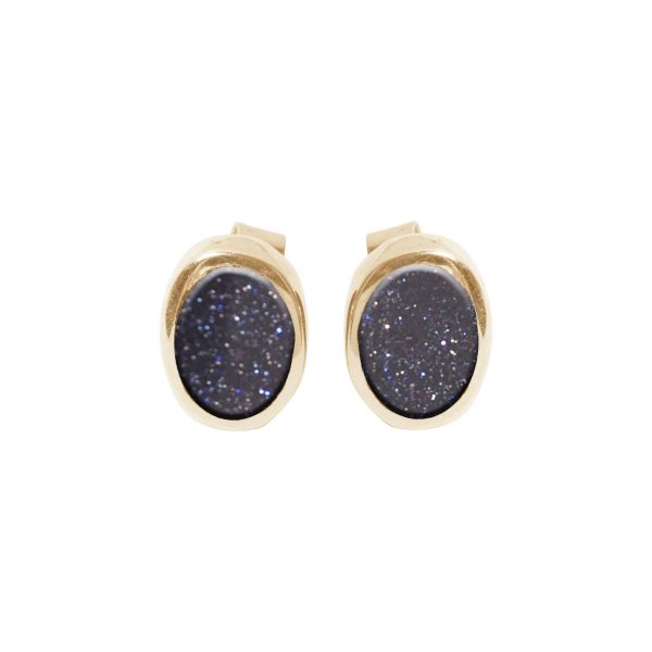 Gold Blue Goldstone Oval Stud Earrings