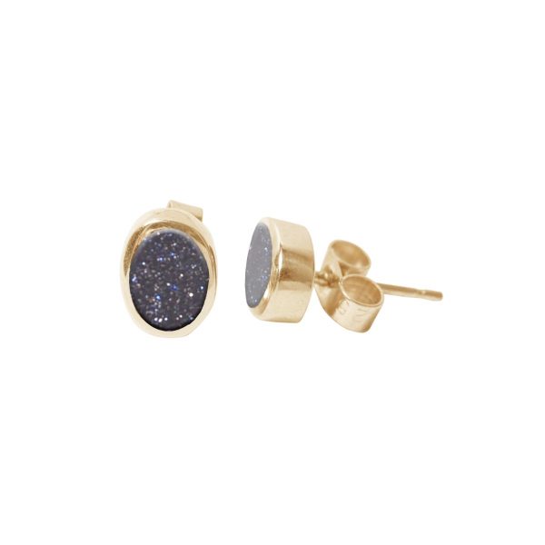 Gold Blue Goldstone Oval Stud Earrings