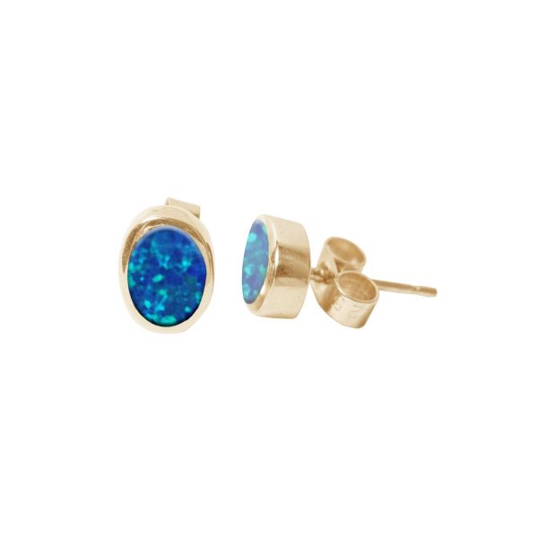 Gold Opalite Cobalt Blue Oval Stud Earrings