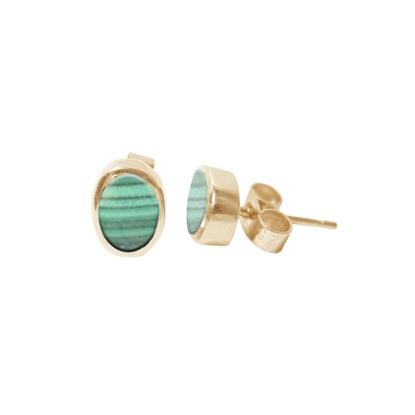 Gold Malachite Oval Stud Earrings