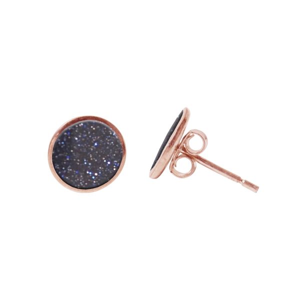 Blue Goldstone Round Rose Gold Stud Earrings