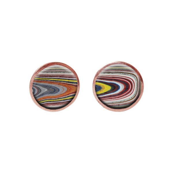Rose Gold Round Fordite Stud Earrings
