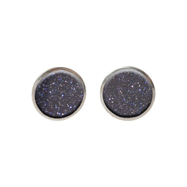 Silver Blue Goldstone Round Stud Earrings