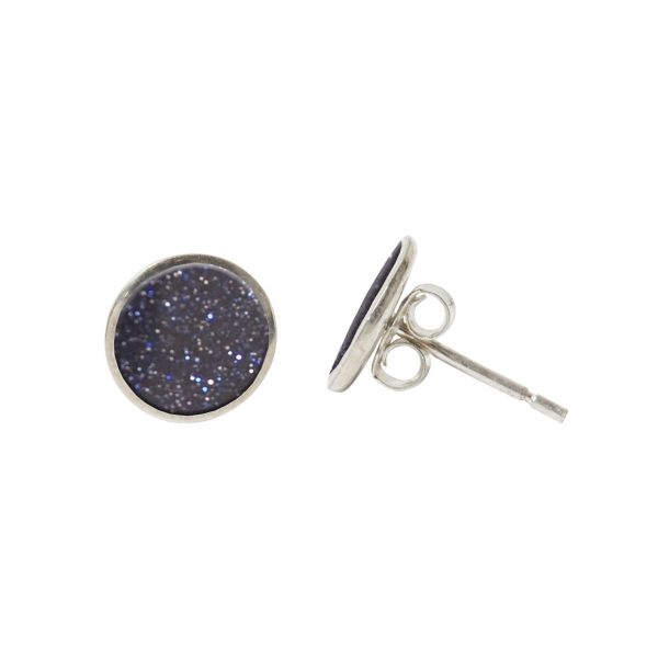 Silver Blue Goldstone Round Stud Earrings