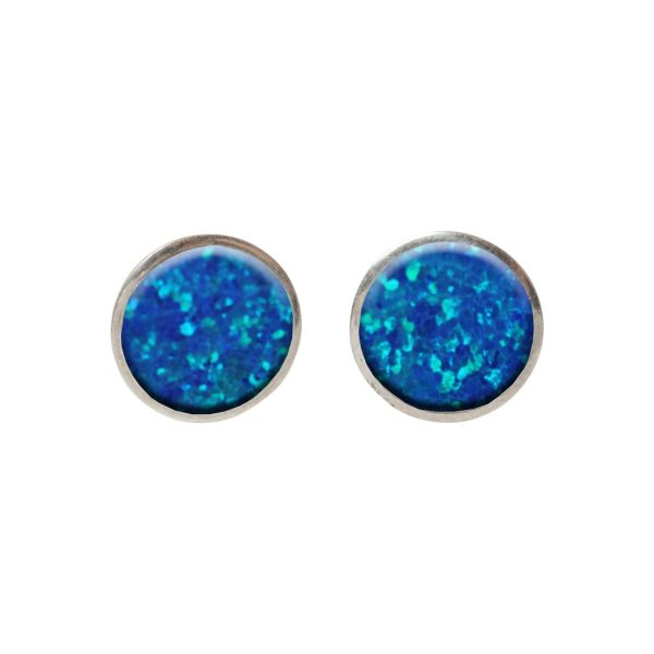 Silver Cobalt Blue Opalite Round Stud Earrings