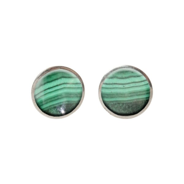 Silver Round Malachite Stud Earrings