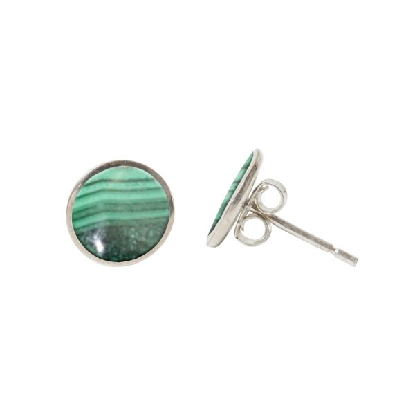 Silver Round Malachite Stud Earrings