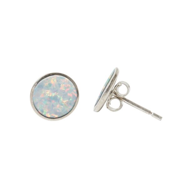 Silver Opalite Sun Ice Round Stud Earrings