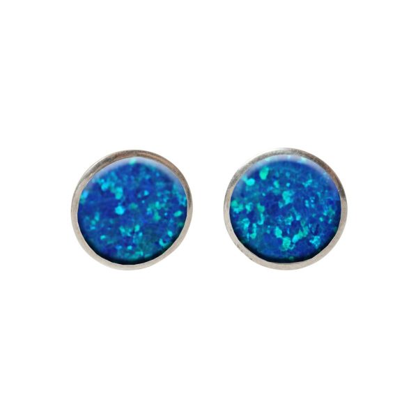 White Gold Opalite Cobalt Blue Round Stud Earrings