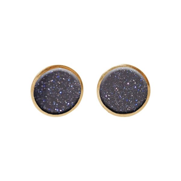 Gold Blue Goldstone Round Stud Earrings