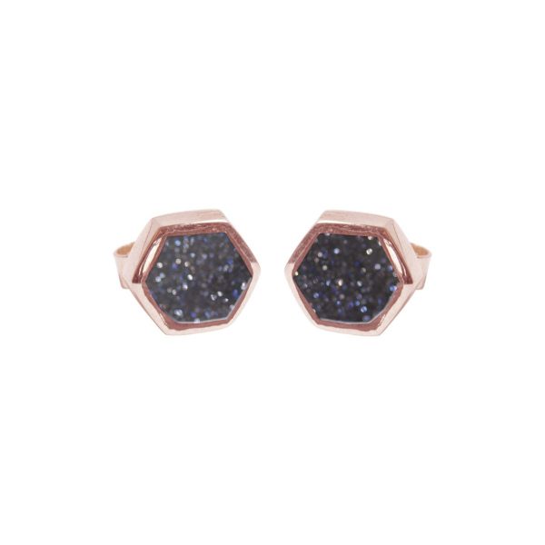 Rose Gold Blue Goldstone Hexagonal Stud Earrings