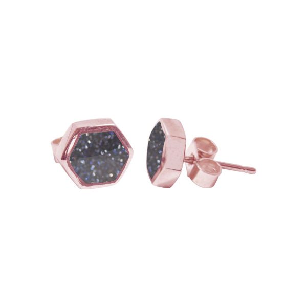 Rose Gold Blue Goldstone Hexagonal Stud Earrings