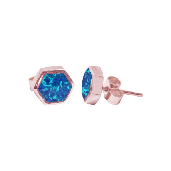 Rose Gold Opalite Cobalt Blue Hexagonal Stud Earrings