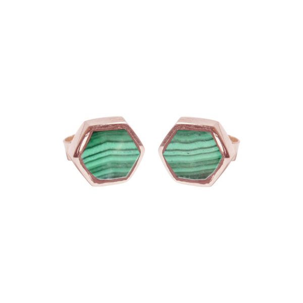 Rose Gold Malachite Hexagonal Stud Earrings