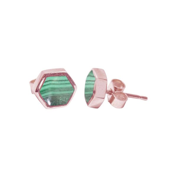 Rose Gold Malachite Hexagonal Stud Earrings