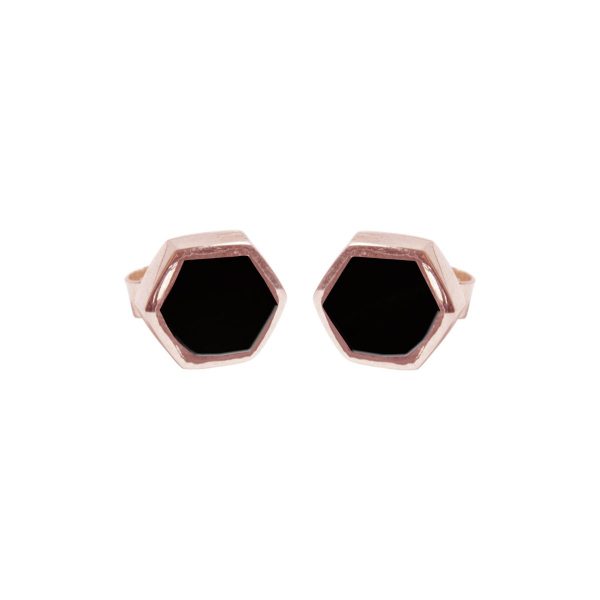 Rose Gold Whitby Jet Hexagonal Stud Earrings