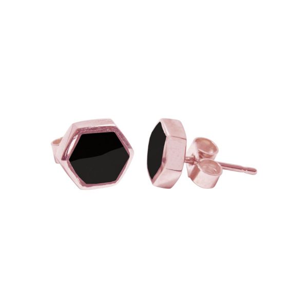 Rose Gold Whitby Jet Hexagonal Stud Earrings