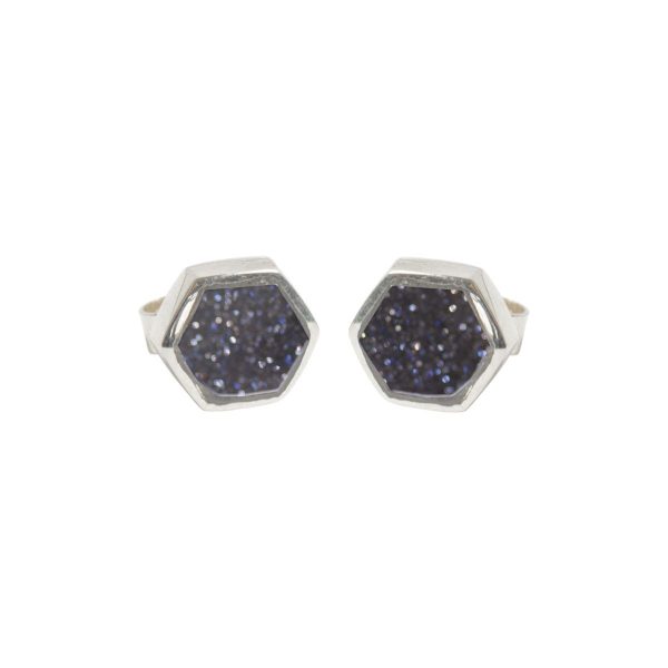 Silver Blue Goldstone Hexagonal Stud Earrings