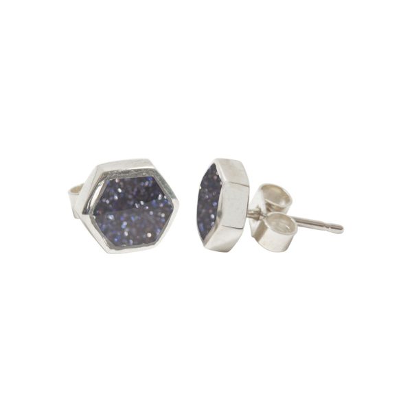 Silver Blue Goldstone Hexagonal Stud Earrings