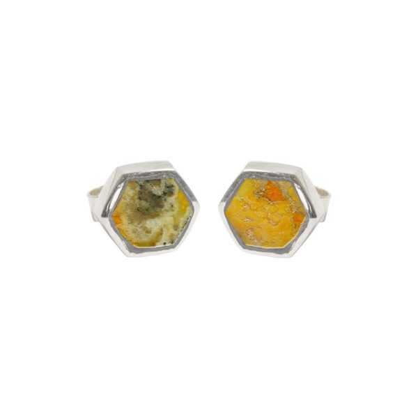 Silver Bumblebee Jasper Hexagonal Stud Earrings