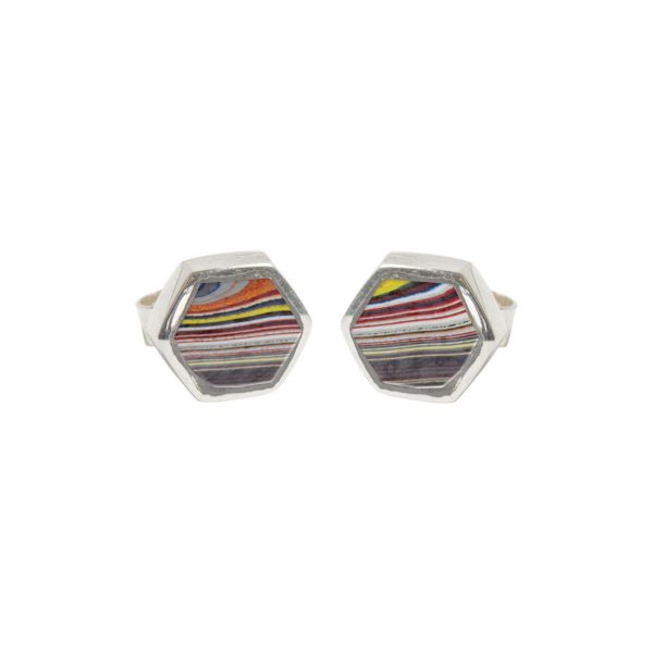 Silver Fordite Hexagonal Stud Earrings