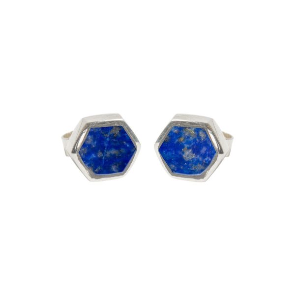 Silver Lapis Hexagonal Stud Earrings