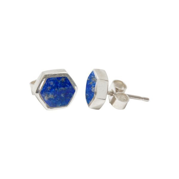 Silver Lapis Hexagonal Stud Earrings