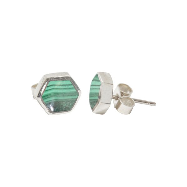 Silver Malachite Hexagonal Stud Earrings