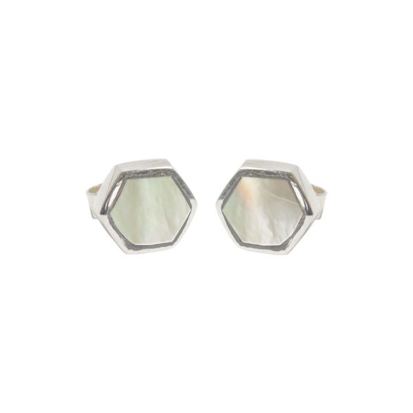 Silver Mother of Pearl Hexagonal Stud Earrings