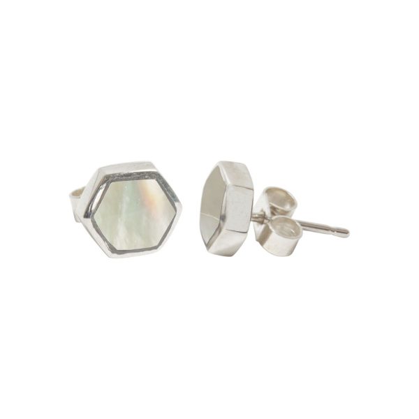 Silver Mother of Pearl Hexagonal Stud Earrings