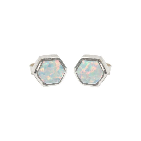 Silver Opalite Sun Ice Hexagonal Stud Earrings