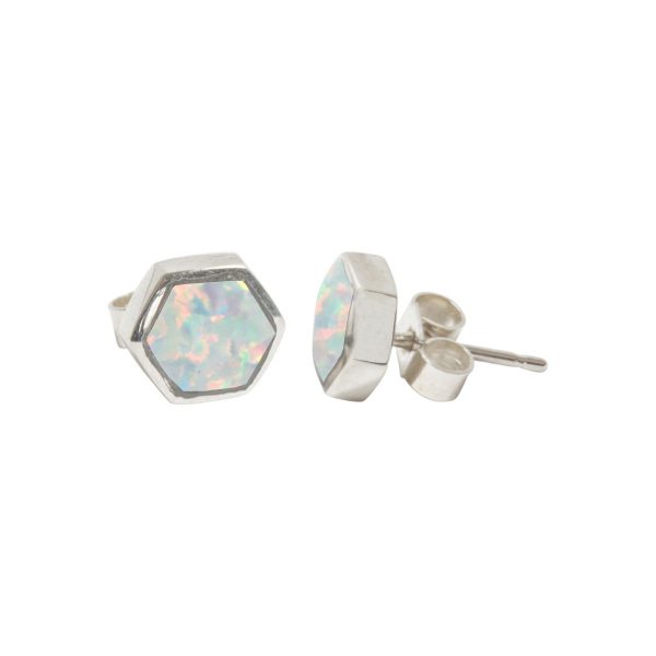 Silver Opalite Sun Ice Hexagonal Stud Earrings
