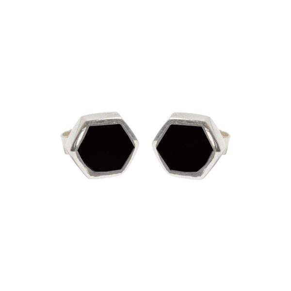 Silver Whitby Jet Hexagonal Stud Earrings