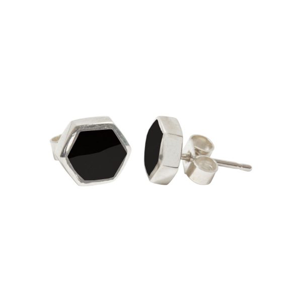 Silver Whitby Jet Hexagonal Stud Earrings