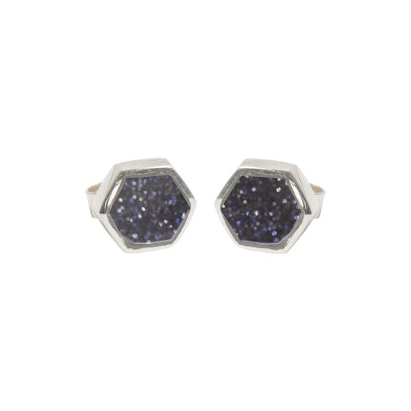 White Gold Blue Goldstone Hexagonal Stud Earrings