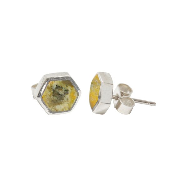 White Gold Bumblebee Jasper Hexagonal Stud Earrings