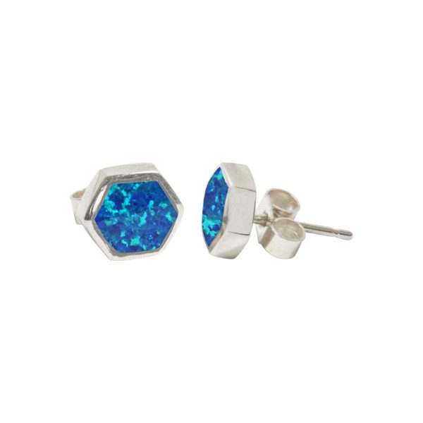 White Gold Opalite Cobalt Blue Hexagonal Stud Earrings