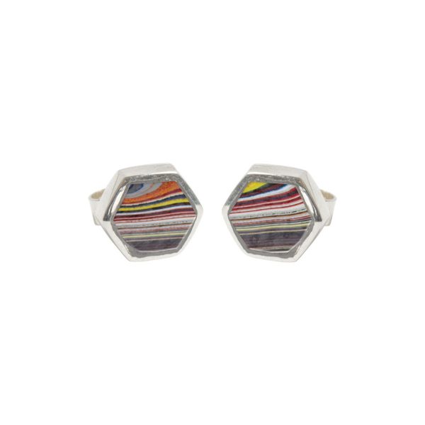 White Gold Fordite Hexagonal Stud Earrings