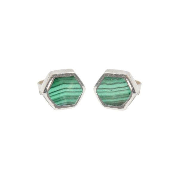 White Gold Malachite Hexagonal Stud Earrings