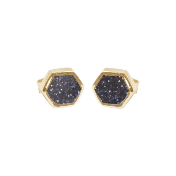 Gold Blue Goldstone Hexagonal Stud Earrings