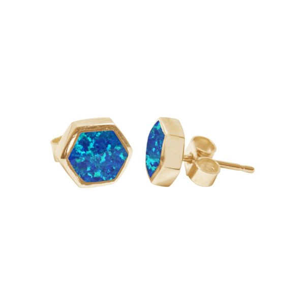 Gold Cobalt Blue Hexagonal Stud Earrings